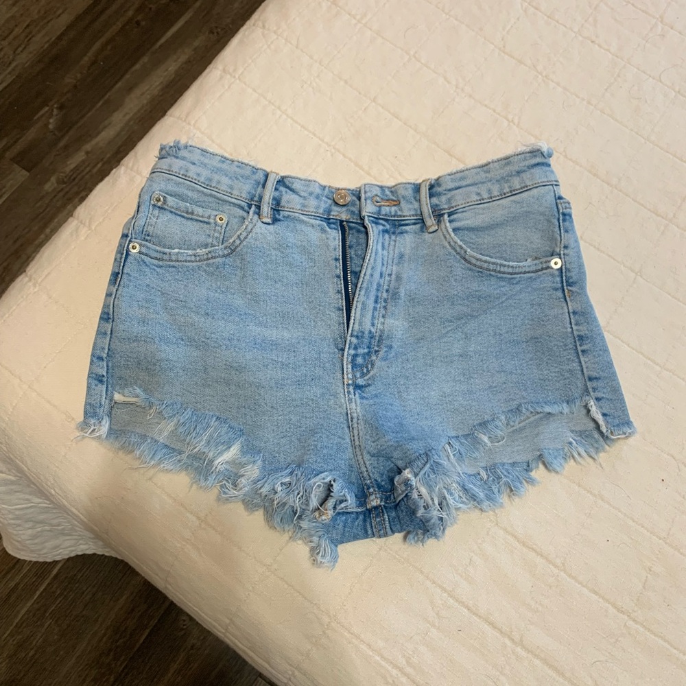 Zara Light Blue Frayed Jean Shorts